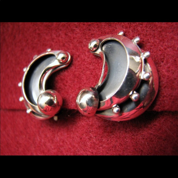 Vintage RENOIR SAUTEUR sterling silver enamel half moon clip earrings - Picture 3 of 4